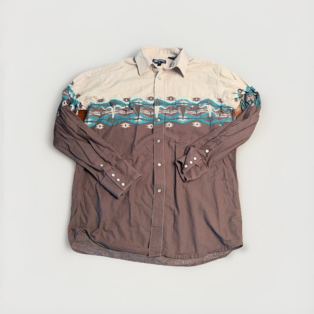VINTAGE PANHANDLE MENS LONG SLEEVE AZTEC PEARL SNAP SHIRT LONGHORN SKULL LARGE